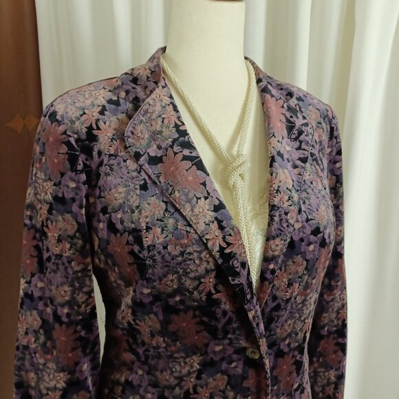 Vintage 70s Dark Floral Cotton Velvet Blazer - Picture 2 of 9